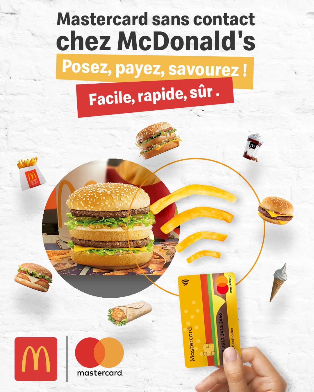 "Posez, payez, savourez" poster with contactless card and menu photography