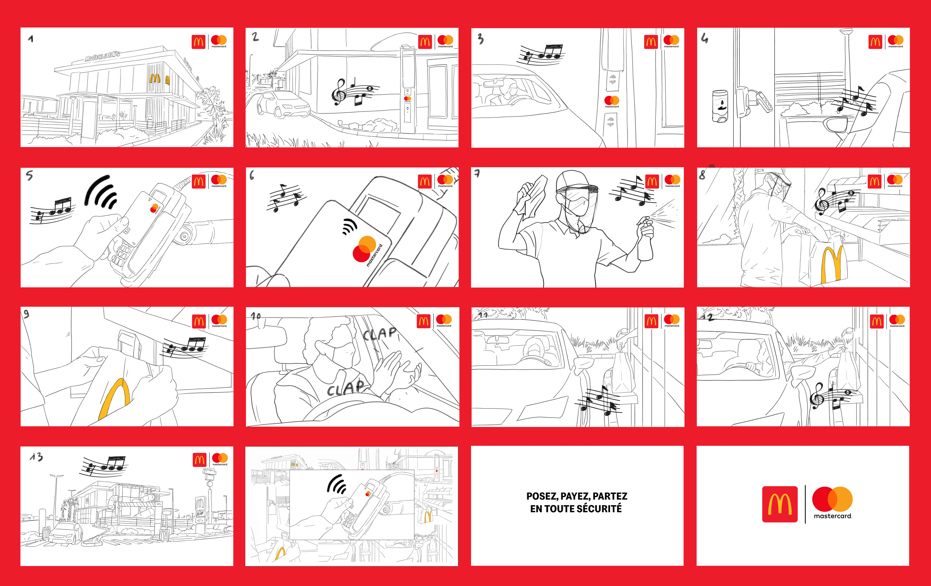 Storyboard — contactless payment at the drive-through, 14 frames