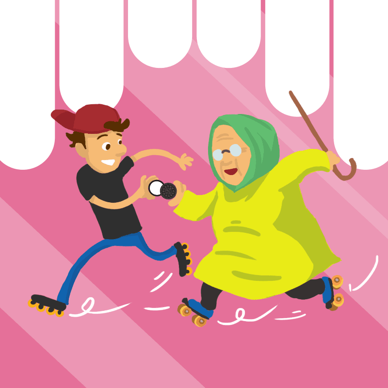Oreo mascot playing hopscotch with a grandmother