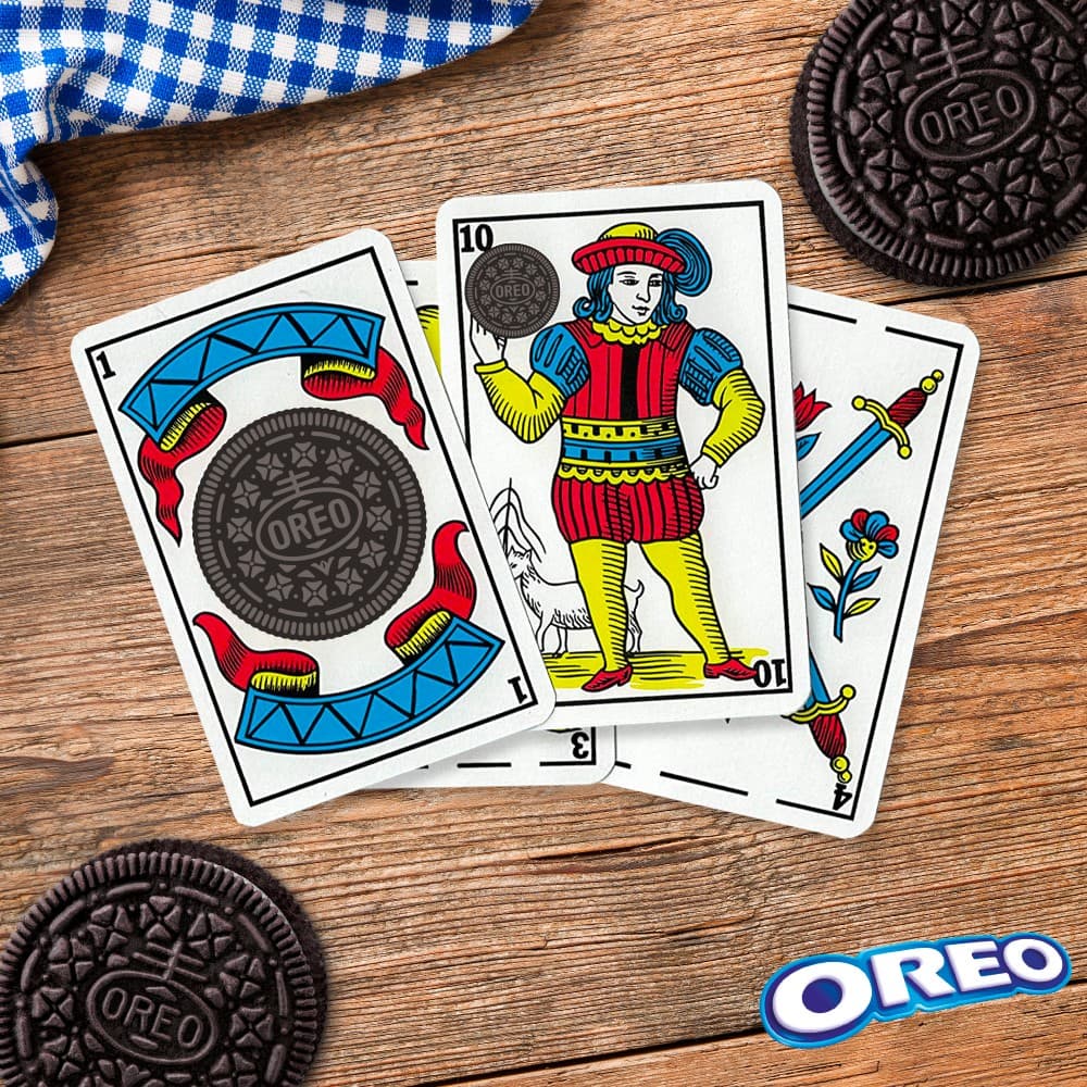 Oreo-branded playing cards on a wood table