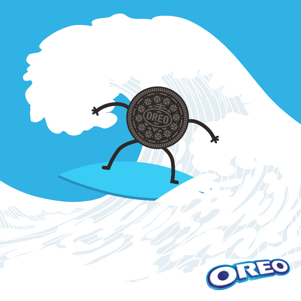 Oreo mascot surfing a wave