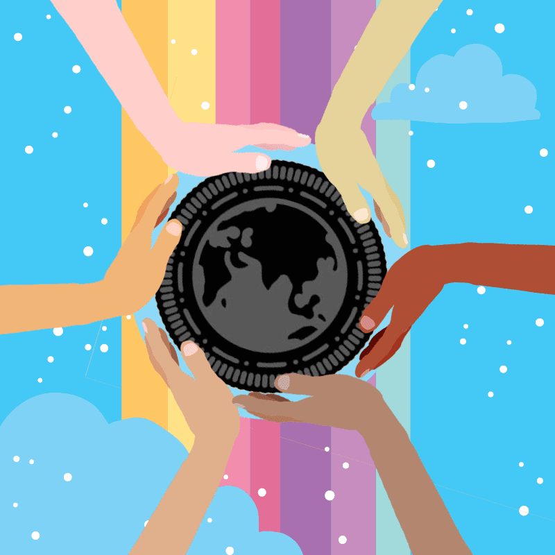 Hands holding an Oreo-textured globe